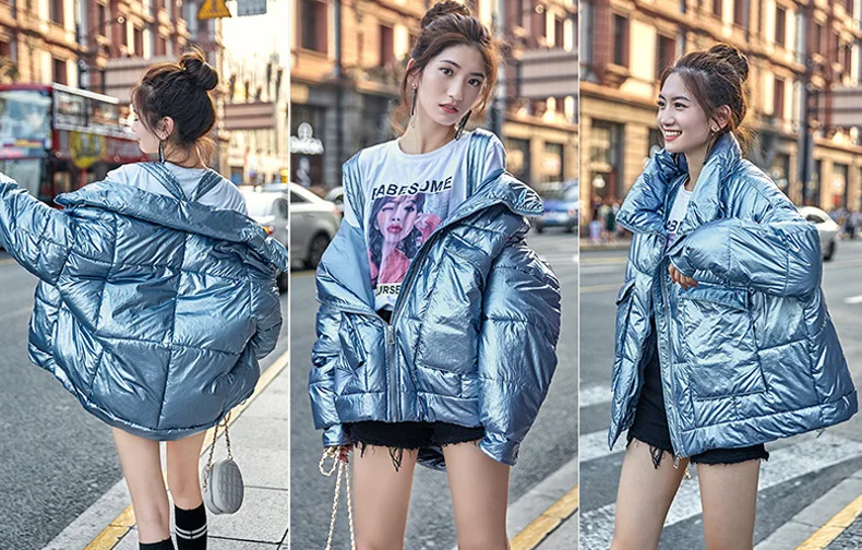 FORERUN Winter Bubble Jacket Women Oversized Glossy Silver Standard Collar Coat Cotton Padded Parkas Manteau Femme Hiver