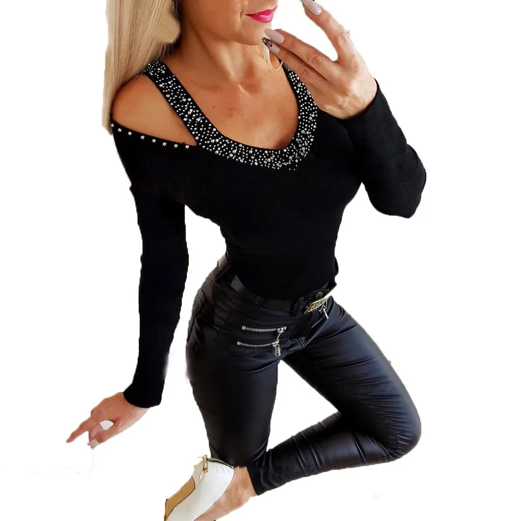 Футболка женская новейшая Женская одежда с открытыми плечами roupas Femininas с длинными рукавами дышащая футболка с v-образным вырезом винтажная черная