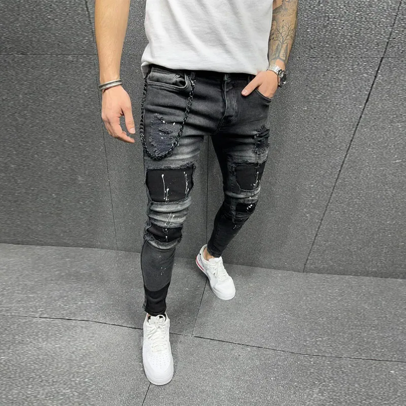 jeans Men Ripped Skinny Zipper Jeans Black Patchwork Biker Pencil Pants Street Man slim fit Denim Pants Hip Hop Draped trousers