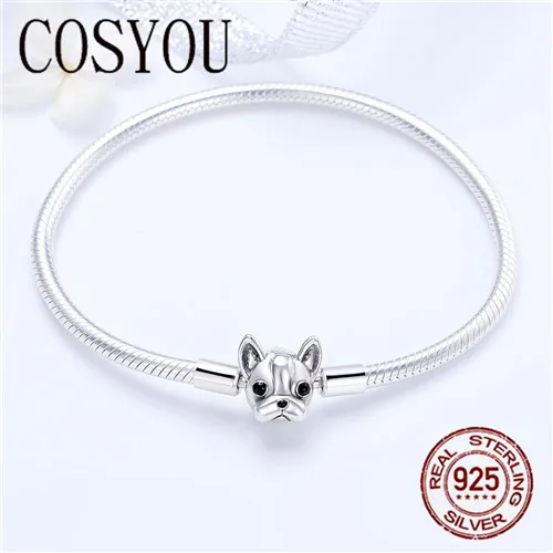 Goedkoop COSYOU 100% Echt 925 Sterling Zilveren Franse Bulldog Doggy Snake Chain Vrouwen Armband Bangles Zilveren Sieraden 17 19CM SCB075