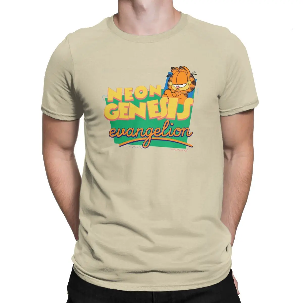 Khaki Tyburn Neon Genesis Evangelion Garfield, мужские футболки, милая забавная футболка с котом, футболка с коротким рукавом, чистый хлопок, одежда для взрослых - Цвет: Khaki