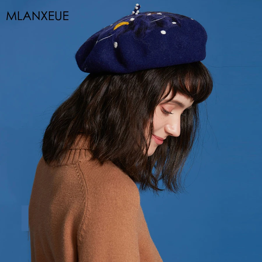 

Fashion Felt Beret Women Vintage Painter Hat Valentine'S Day Gift Casual Starry Night Winter Caps Ladies Headdress Wool Berets