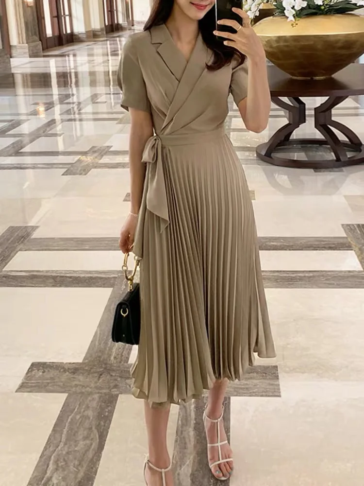 Korean Short Sleeve Pleated Women Dress Office Ladies Lace Up Notched Blazer Dress Adjustable waist Midi Dress 2020 Summer New