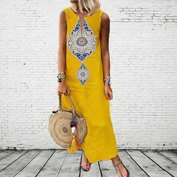 

Summer Sundress Women Boho Dresses New Elegant Sleeveless Loose Split Midi Plus Size Vestidos Mujer J#