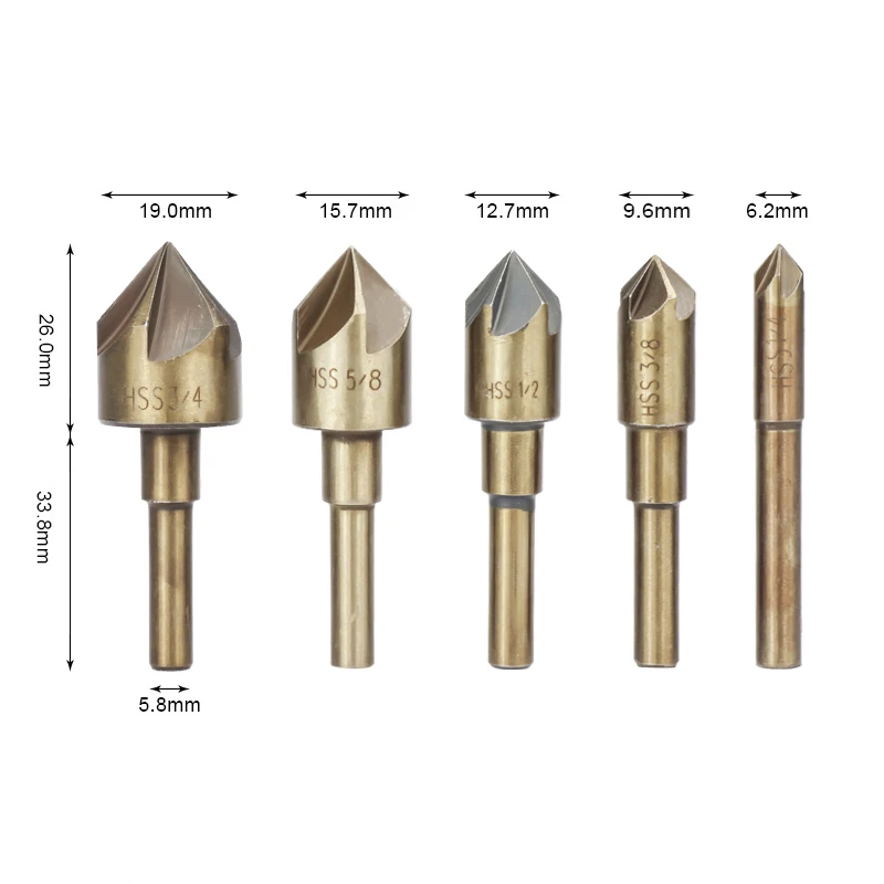 5 шт. HSS 82 градусов Зенковка сверло Металлообработка 5 флейт фаски Резак Круглый хвостовик 6,2-19 мм фаска сверло набор