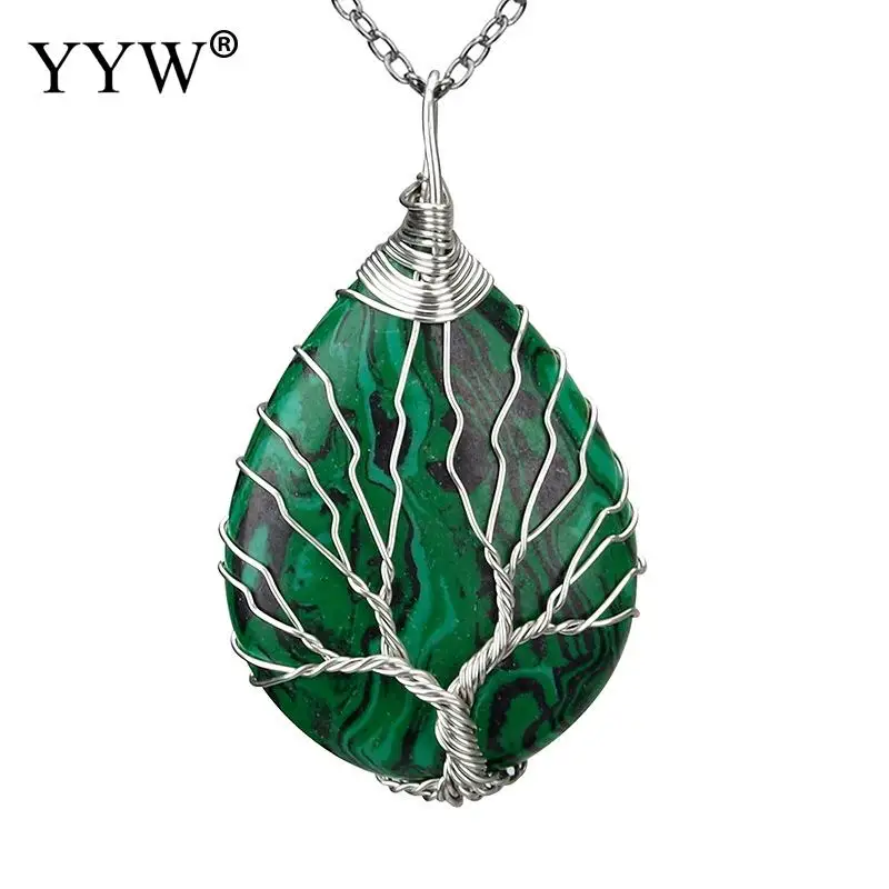 malachite Ожерелье из натурального камня, драгоценный камень, капля воды, панданты, серебряный цвет, золотой камень, бирюза, морской опал, тигровый глаз, женская бижутерия - Окраска металла: malachite