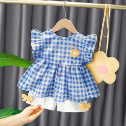 LZH – Costume d'été en treillis pour bébés filles, ensemble à manches courtes et Shorts, tenue 2 pièces décontractée pour nouveau nés, vêtements pour enfants en bas âge 