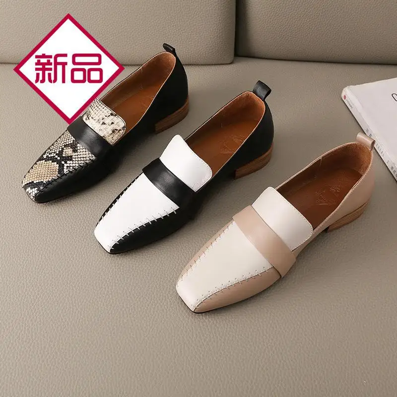 

2020 Spring New Style Square Head Sheepskin Loafers Loafers Slip-on Retro Leather Shoes Women's Mixed Colors Snakeskin