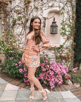 

2020 New arrive palace style V-neck print short dress women dress