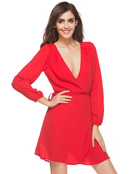 

Make spot early autumn the new foreign trade ladies dress deep v-neck long-sleeve female waist skirt