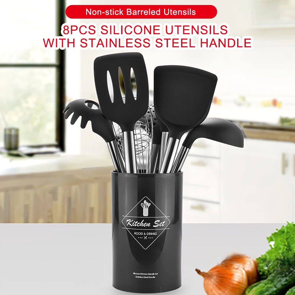 

8-Pcs Cooking Kitchen Tools Set Silicone Non-Stick Barreled Cooking Utensils Kitchenware Set With Stainless Steel Handle