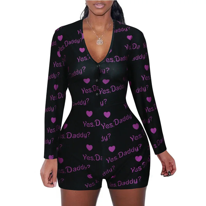 Baddie Yes Daddy Print Sexy Onesies Adults Women Bodycon Sleepwear