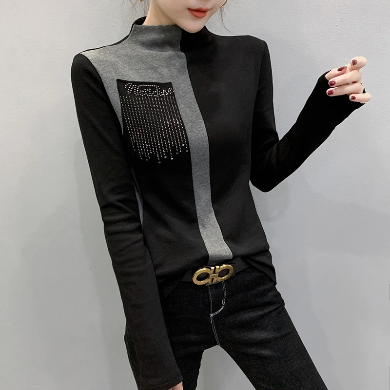 Корейская тонкая рубашка с длинным рукавом для женщин Blusas Mujer De Moda Модные топы для офисных леди, повседневные топы с круглым вырезом и стразами 7840 50