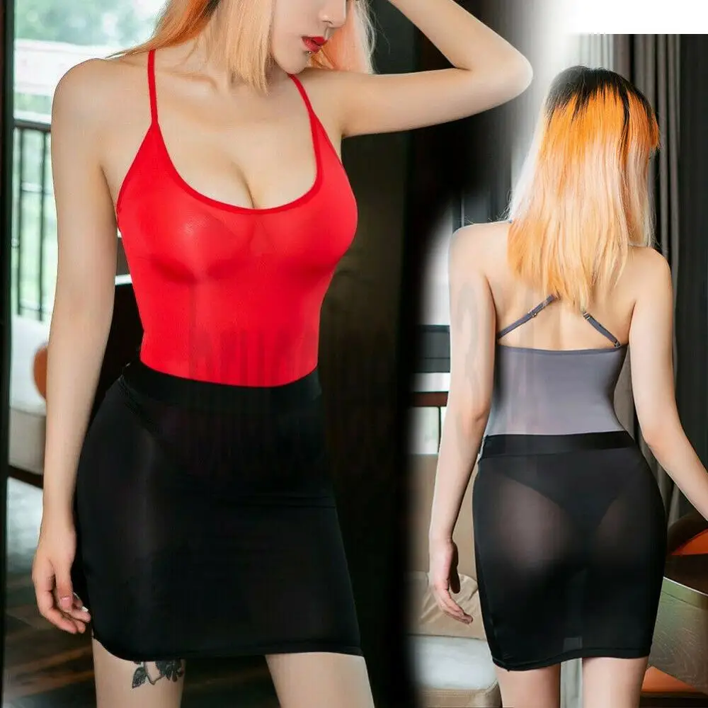 

Sext Bodycon Ice Silk Secretary Fancy Bodysuit See Through Breast Exposing Thong Leotard Mini Skirt Lingerie Costume