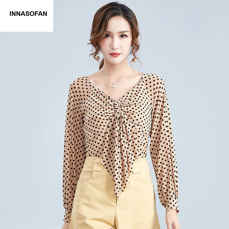 INNASOFAN OL Chiffon Shirt Women Spring Autumn Long-sleeved Blouse Euro-American Fashion Chic V-collar Dots Print | Женская одежда