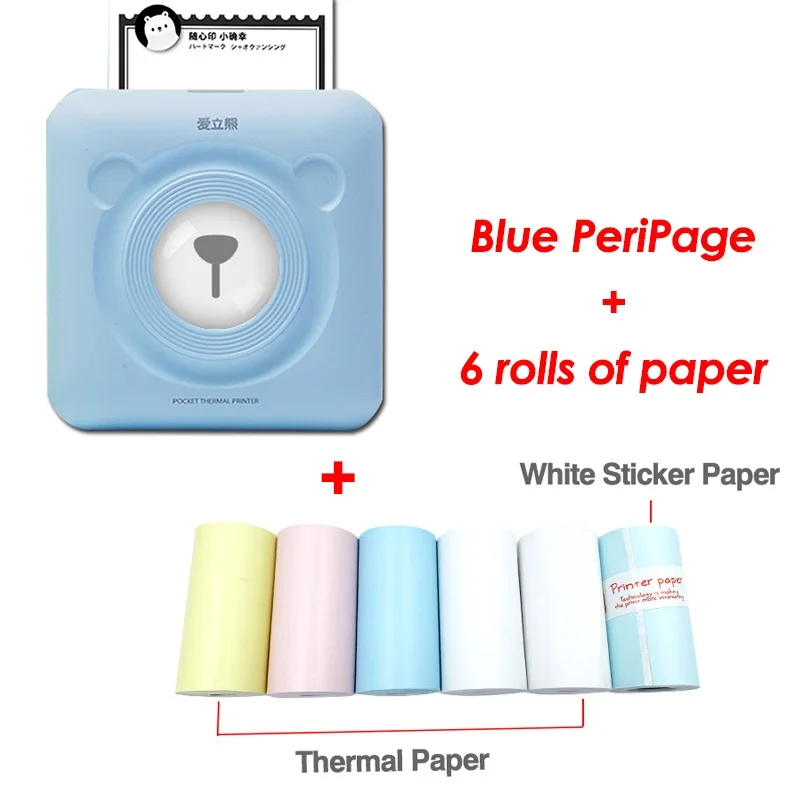 PeriPage Мини Портативный фотопринтер 58 мм Bluetooth фотографии принтер фото наклейка чековый принтер 6 рулонов Этикетка Термобумага - Цвет: blue 6rolls of paper