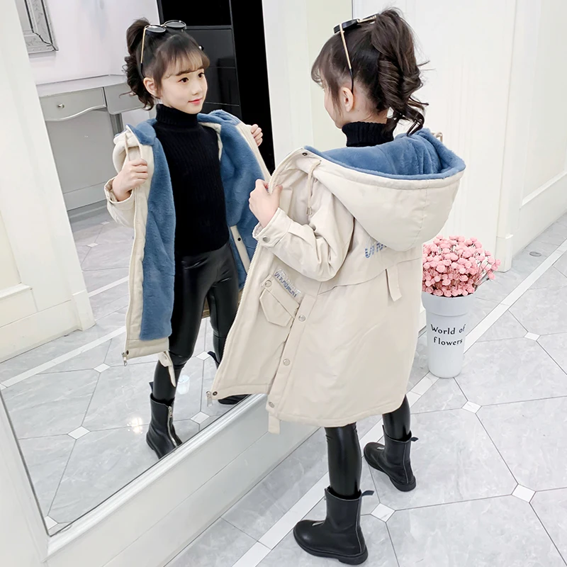 

2023 New Girl clothes Winter Long coat Warm Plus Velvet Princess Cotton jacket Kid Outdoor Thick Parka Clothing Hooded Outerwear