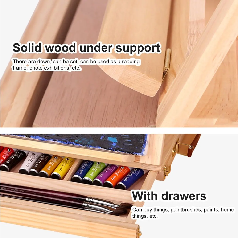 Foldable Wooden Desk Table Easel with Integrated Wooden Box Oil Paint Suitcase Desktop Box Art Supplies for Painting Artist