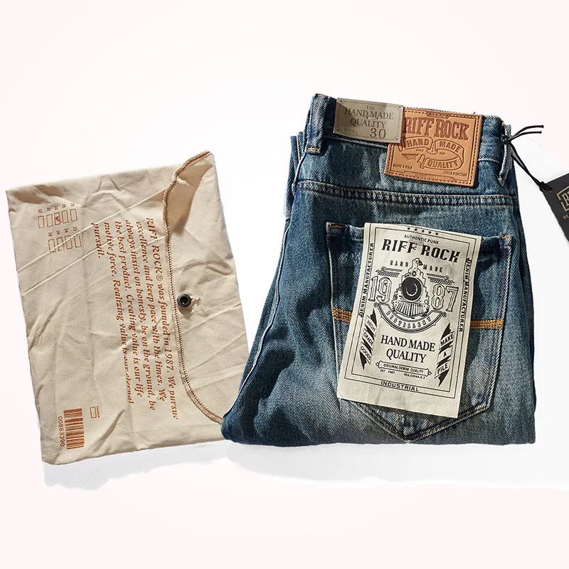 

2021 Autumn and Winter American Retro Heavyweight Jeans Men's Fashion 100% Cotton 3D Stitching Washed Old Casual Straight Jeans
