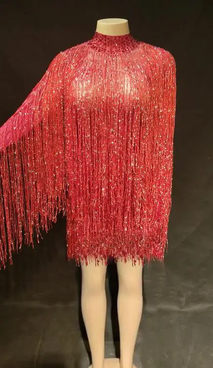 Dress 5 Женское сексуальное сценическое платье с длинными рукавами, Прозрачное платье с бахромой, женское сексуальное стрейчевое платье, короткое платье, платье с кисточками для бара и танцев - Цвет: Dress 5
