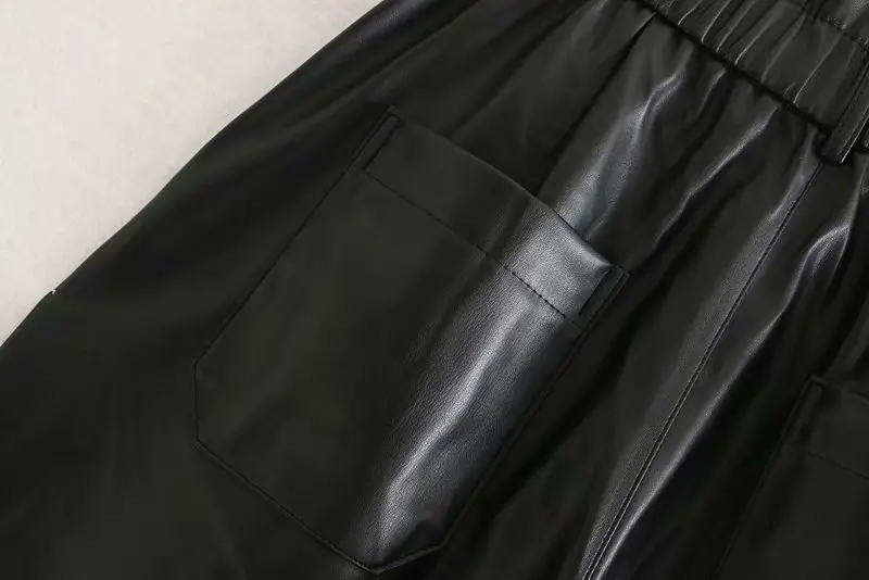 Женские Плиссированные Черные уличные штаны из искусственной кожи, женские осенние модные штаны с карманами на молнии, женские брюки из искусственной кожи