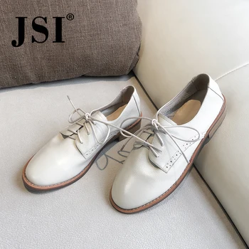 

JSI Women Shoes Pointed Toe Genuine Leather Lace-Up Shallow Ladies Shoes Solid Casual Spring Autumn Oxfords Women Flats jo343