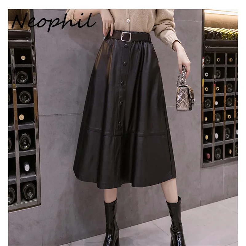 Neophil Women Pu Faux Leather A-line Midi Skirts 2022 Winter Preppy Style Button Sashes Khaki Ladies Flare Skater Skirt S9106 | Женская