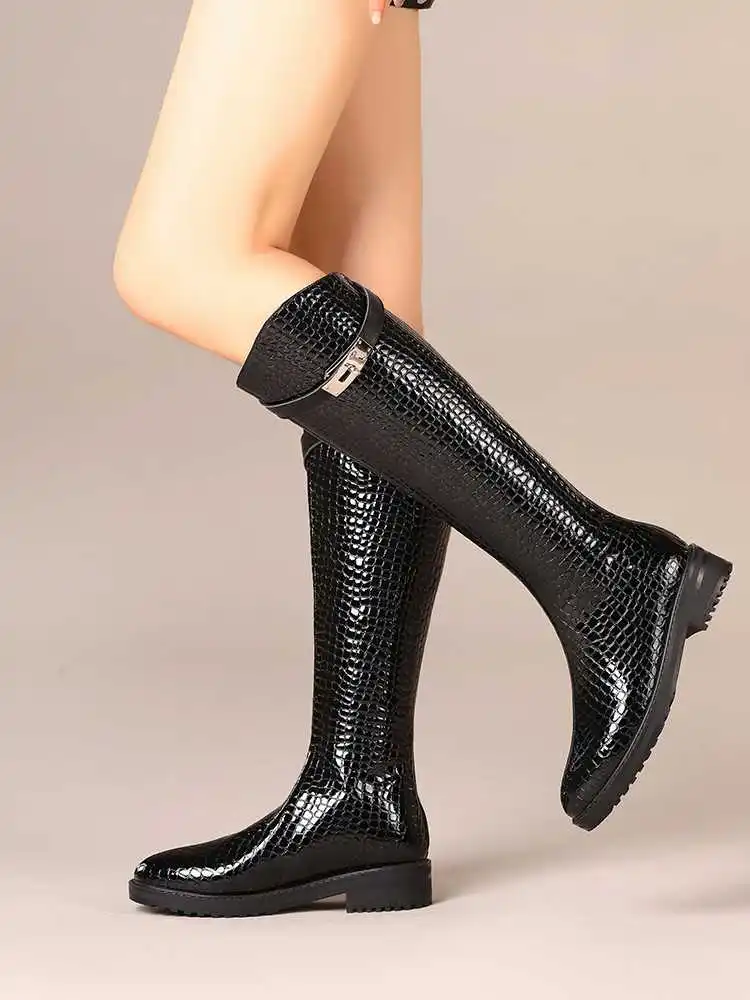 Luxury brand new winter thigh high boots women riding boots stone pattern metal buckle keep warm knight boots zapatos de mujer