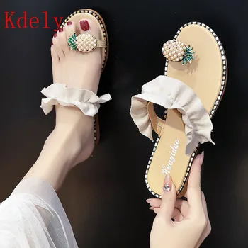 

Women Flats Slippers Summer Casual Flip Flops Flowers Pearl Woman Flat Shoes 35-43 plus size Comfortable Female Beach Sandals