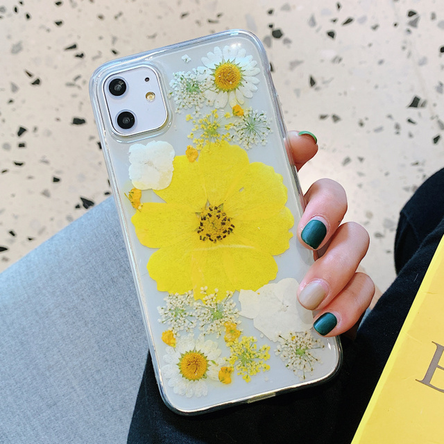Glitter Real Dry Pressed Flower Phone Case For iphone 12 11 13 pro XS MAX x SE XR 7 8 plus Transparent Silicone Cover
