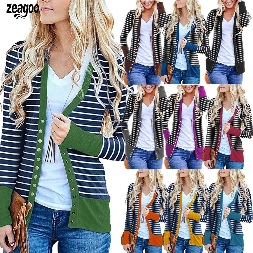 Vente Femme décontracté rayé Patchwork manches longues bouton pression hiver printemps automne rayé, bas Cardigan régulier