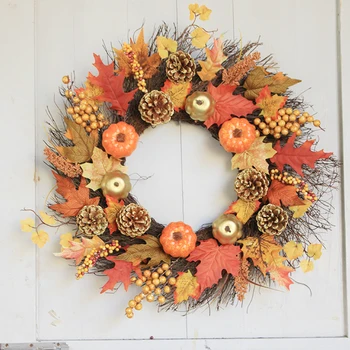 

Artificial Pumpkin Berry Maple Leaf Wreath Door Hanging Wall Window Decoration Wreath Holiday Festival Halloween Decor 60cm
