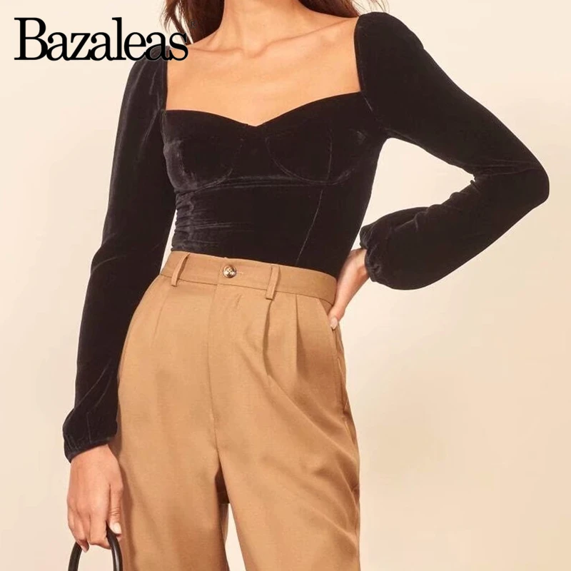 Bazaleas, Ретро стиль, тонкая женская блузка, базовая, повседневная, blusas, дворец, бархат, хаки, длинный рукав, blusas mujer de moda