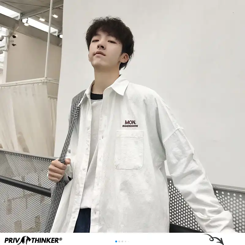 Privathinker男性固体シャツ長袖男韓国ファッション月曜日刺繍シャツ男性ストリート春の女性のシャツ カジュアル シャツ Aliexpress