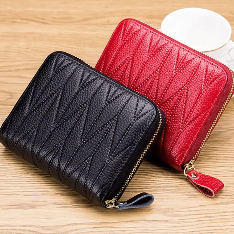 Women RFID Blocking Card Holder Genuine Leather Short Wallet Coin Purse Pocket A69C