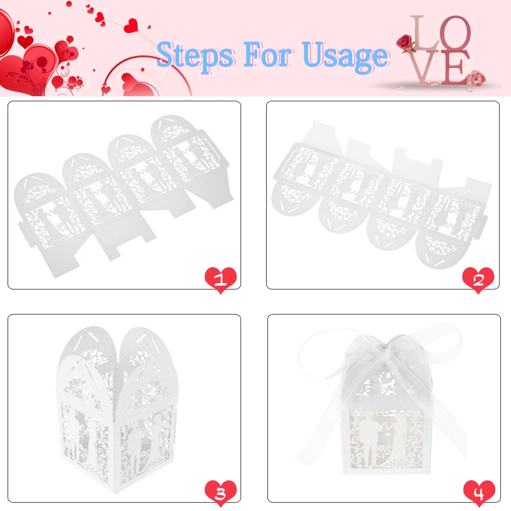 50pcs Delicate Mini DIY Candy Cookie Gift Boxes Carved Pattern with Ribbon Party Wedding Banquet Bridal Supplies