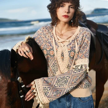 

2020 New Long sleeve pullover for women boho sweaters Autumn winter warm sweater chic tassel Ethnic knit sweaters