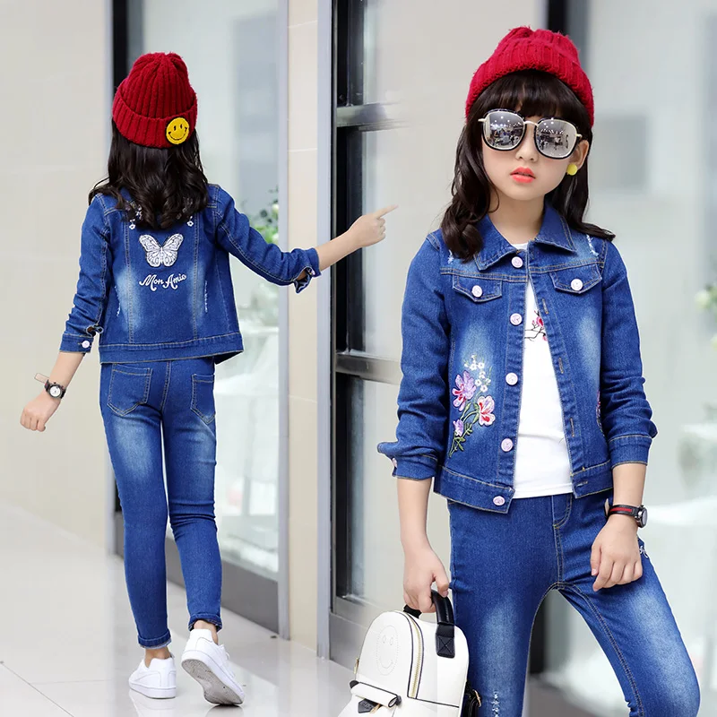 

2019 Kids Clothing Set alphbat flower print 3pcs Girls jeans set Long Sleeve Jacket+pant+shirt 3pcs set 7 8 9 12 15 year DX03098