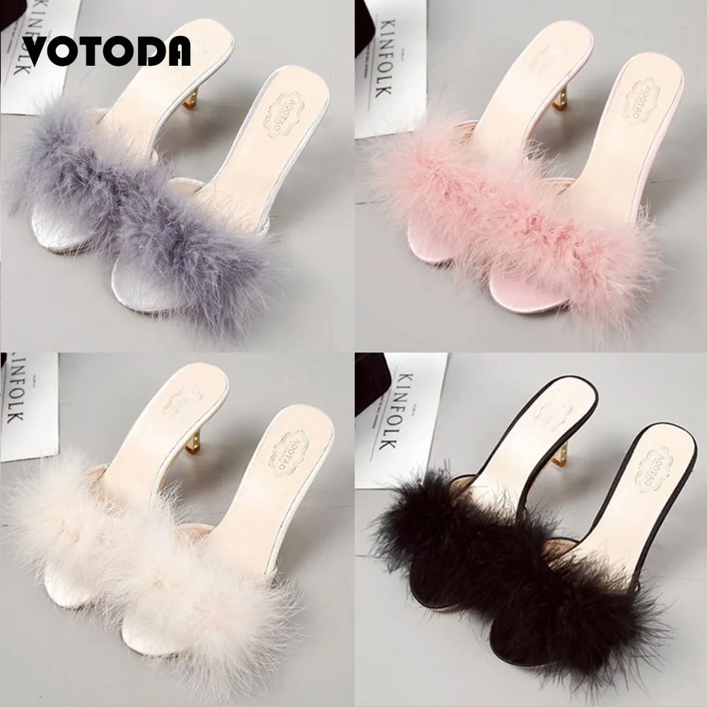 

Summer Women Ostrich Hair Slippers Female Stiletto Heels Fluffy Plush Sandals Ladies Fashion Open Toe Slides Woman Outdoor Shoes