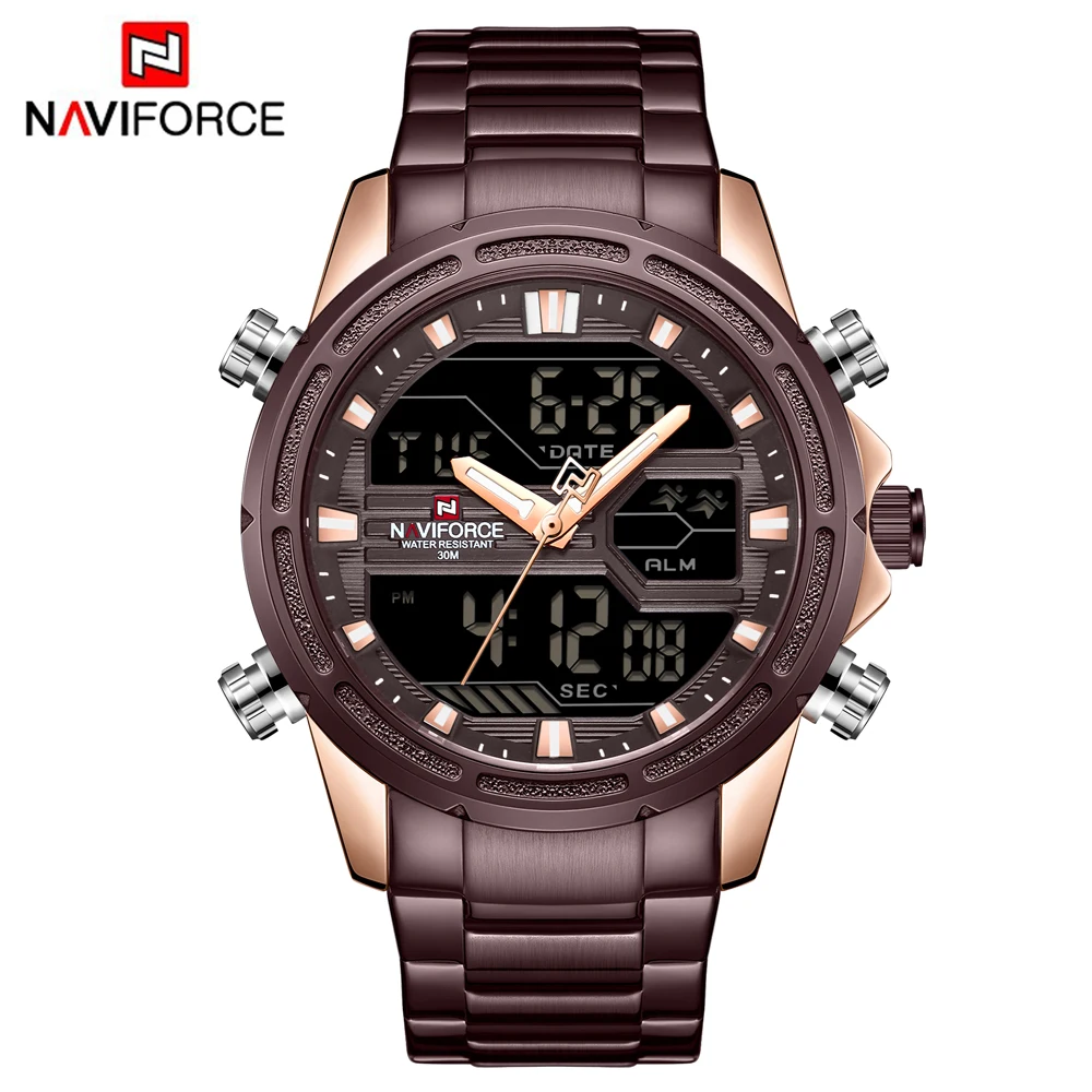 NAVIFORCE наручные мужские спортивные часы, мужские Кварцевые светодиодный цифровые часы, мужские полностью стальные водонепроницаемые наручные часы Relogio Masculino - Цвет: Coffee