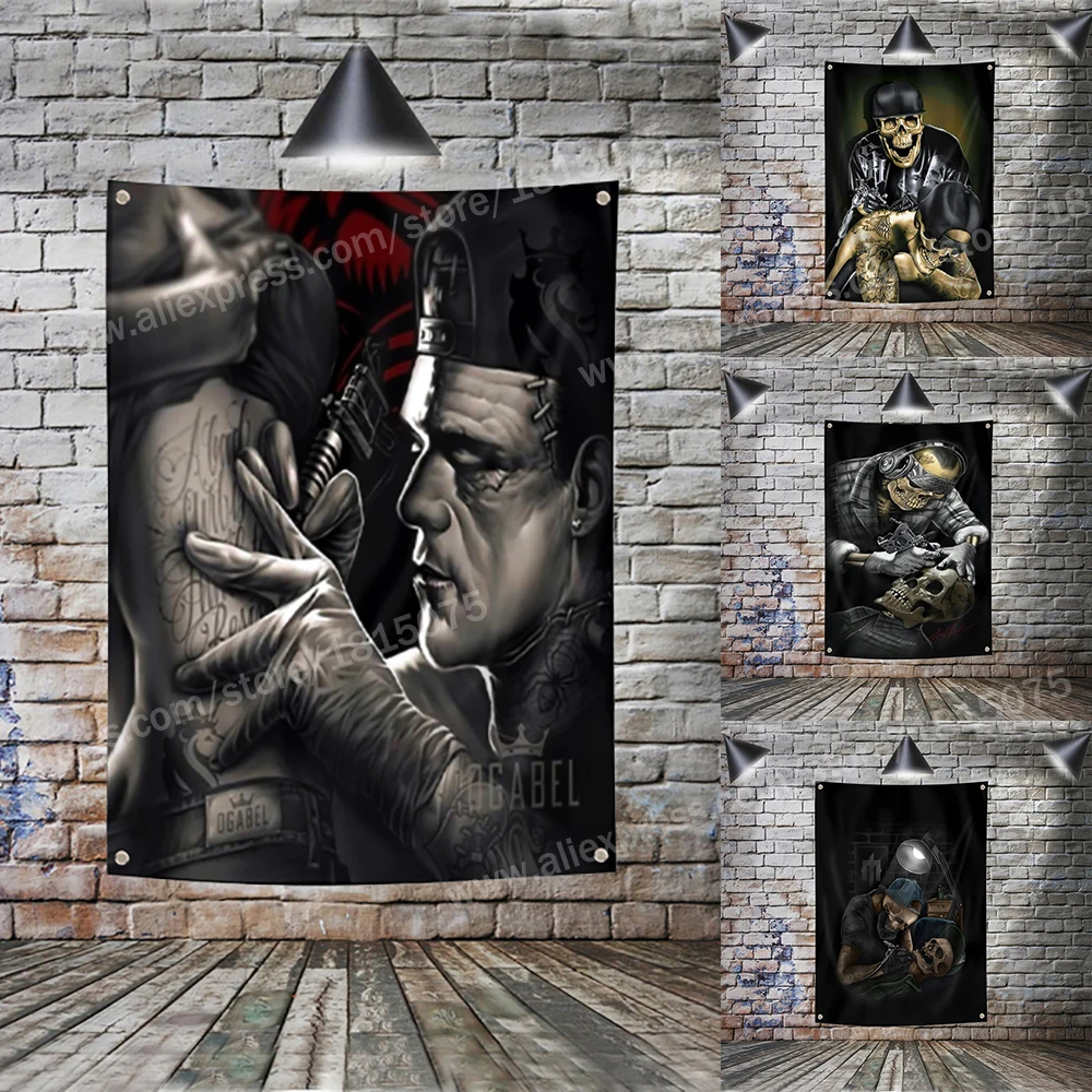 Skull Art Tattoo Artist Posters Flag Banner Home Decoration Hanging 4 Gromments In Corners 3*5FT 144CM*96CM | Дом и сад