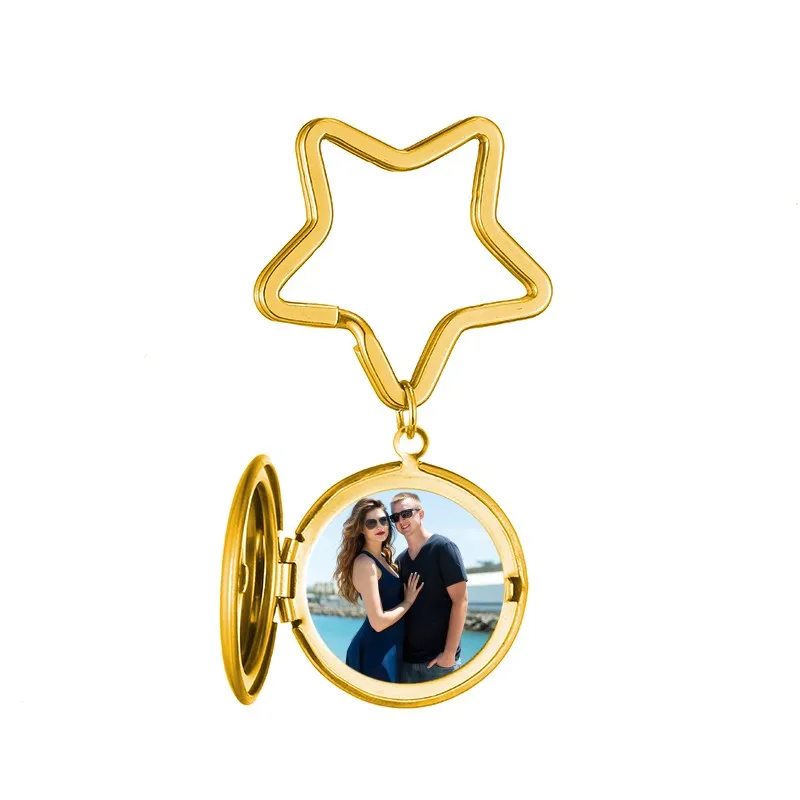 Custom Photo& Name Ring Keychain For Men Women Stainless Steel Round Photo Album Pendant Star Heart Key Ring Silver Gold Circle - Цвет: Custom Star Gold 1