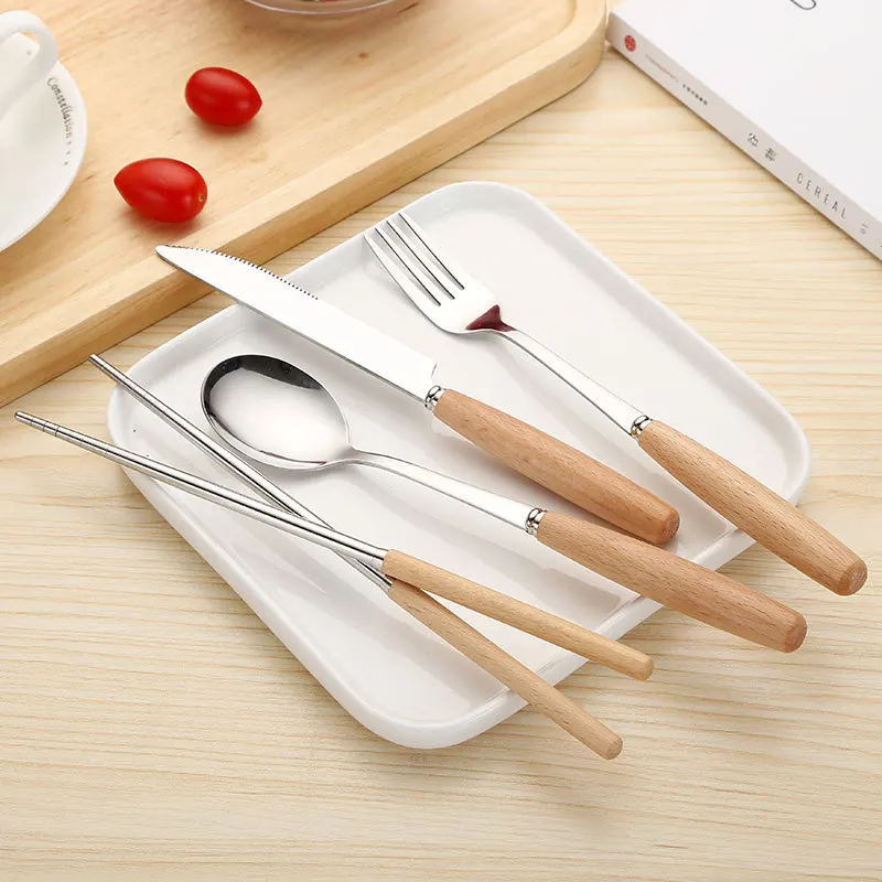 

Fantastic Kitchen Dinnerware Sets Top Quality Stainless Steel + wooden handle Dinner Kit Cutlery Set 4 Pieces / Set