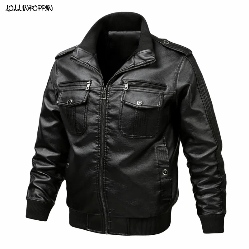 

Military Style Men Stand Collar PU Leather Coat With Epaulets Faux Leather Aviator Bomber Jacket Chest Flap Pockets Black