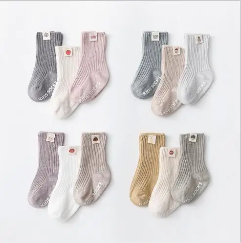 

3Pairs 0-5Y 2021 spring and autumn new newborn baby non-slip floor socks boy girl children socks double needle cloth label sock