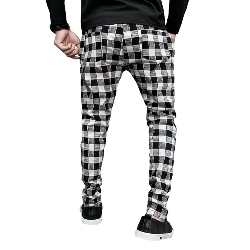New Men's Fashion Slim Trousers Comfortable Plaid Black White Casual Pencil pants M-XXL