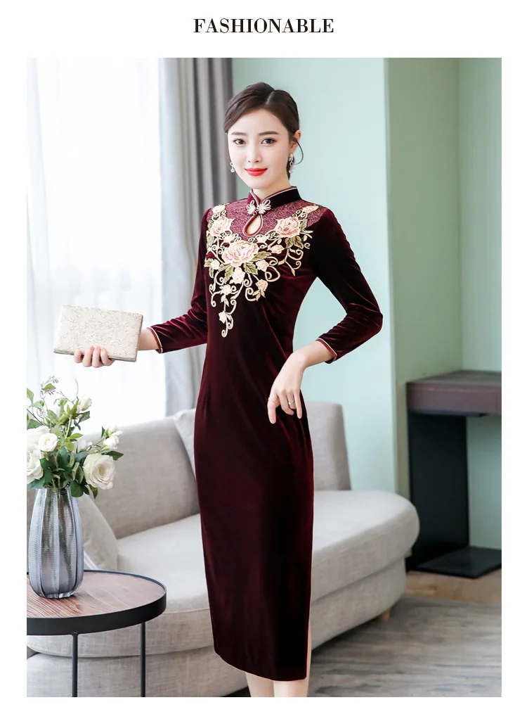Ne8342@ осеннее Золотое бархатное платье с вышивкой Cheongsam улучшенное свадебное банкетное платье для женщин среднего возраста формальное платье