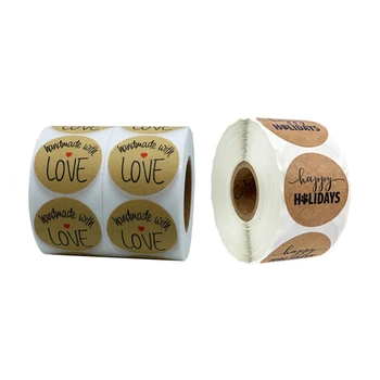 

2 Roll 1 Inch Round Natural Kraft 500 Adhesive Labels Per Roll Happy Holidays & Handmade with Love