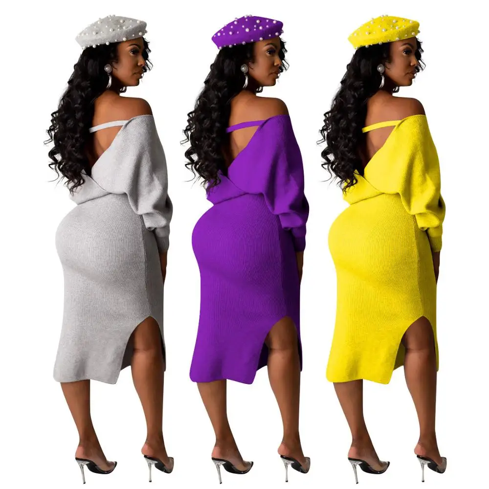 

Solid Sexy Deep V-neck Party Dress Charming Women Autumn Lady's Lantern Sleeve Sashes High Split Backless Mid-calf Dresses