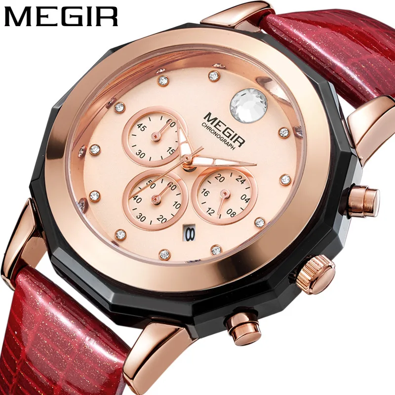 

MEGIR Fashion Women Watches Waterproof Diamond Calendar Large Dial Leather Strap Watch Ladies Watch relogio feminino